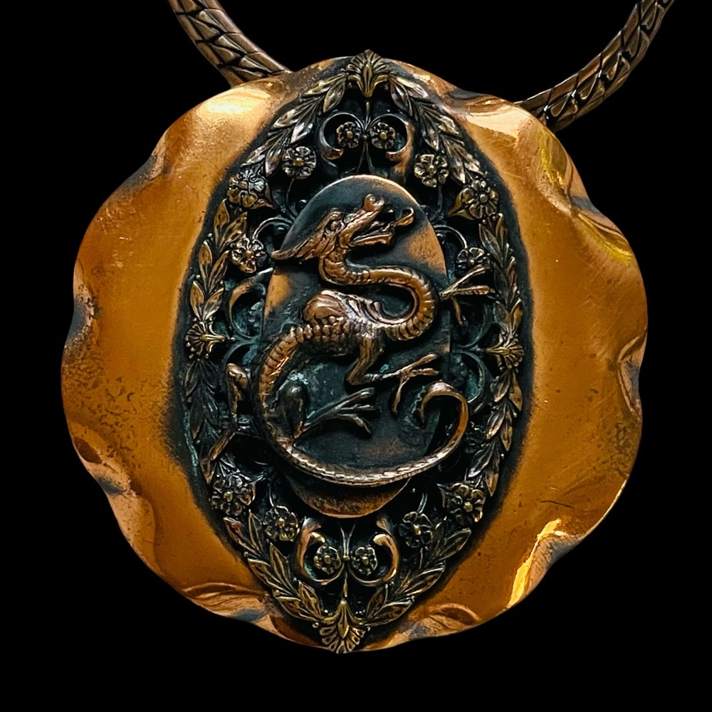 Vintage Signed Roslyn Hoffman Copper Dragon Pendant Brooch Necklace